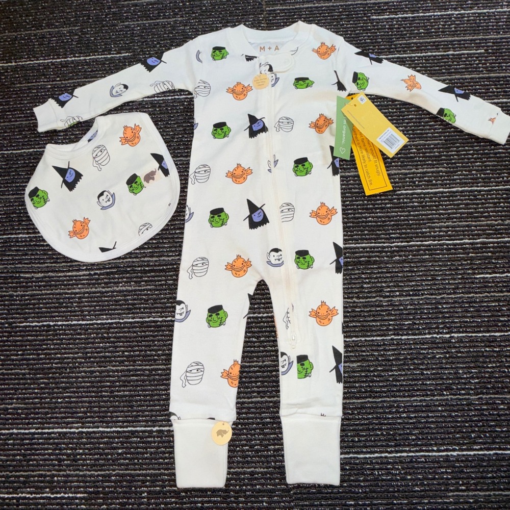 Monica + Andy Coverall Bib Set Kids 9-12M New Halloween Spooky Squad Organic